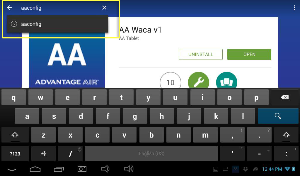 Step 38 – Using the on screen keyboard enter the word “aaconfig” as per the picture above then press the blue search button.