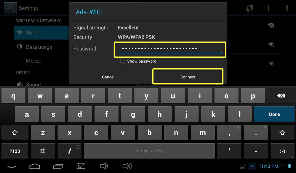 Step 8 – After pressing the home Wi-Fi button you will need to enter your home Wi-Fi network password then press CONNECT. Step