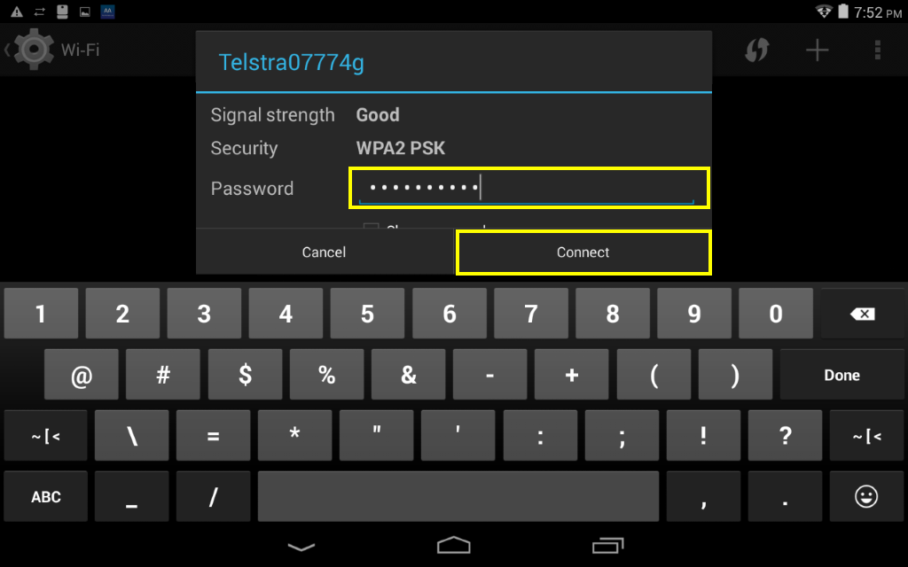 Step 7 – Enter your home Wi-Fi network password then press CONNECT.